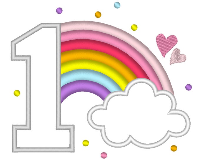 Cute Rainbow Birthday Number 1 ONE machine embroidery applique designs size 4, 5 and 6.5 inches, rainbow in clouds baby birthday number 1