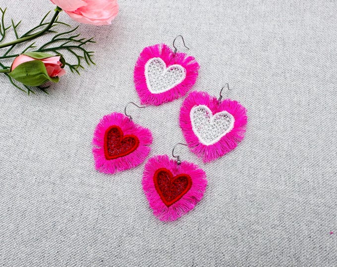 Awesome Fluffy Heart earrings charm FSL freestanding lace machine embroidery designs kids girls pretty fringed Valentine Heart lace ITH