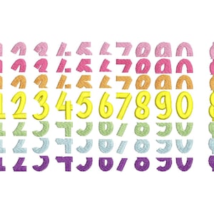 May include: A rainbow gradient of numbers 1 through 9 and 0, with a dollar sign. The numbers are in a stylized font and are outlined in yellow. The numbers are repeated in different colors, with the yellow numbers being the largest and most prominent.