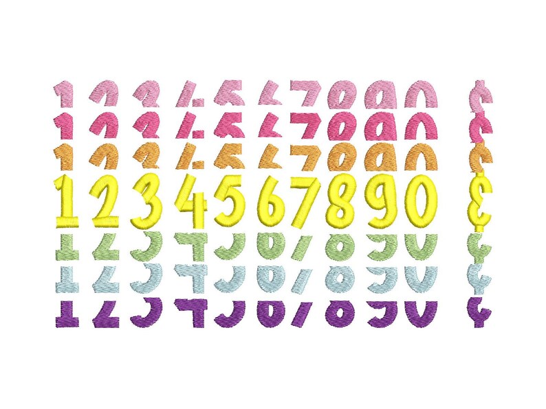 May include: A rainbow gradient of numbers 1 through 9 and 0, with a dollar sign. The numbers are in a stylized font and are outlined in yellow. The numbers are repeated in different colors, with the yellow numbers being the largest and most prominent.