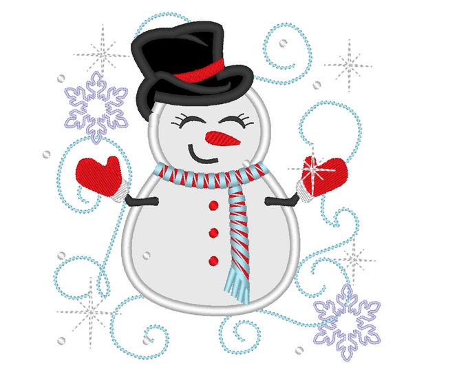 Awesome sparkling snowman applique machine embroidery designs for hoop 4x4, 5x7 winter holidays snowman applique and fill stitch design
