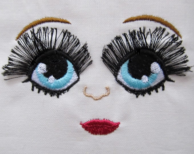 Many Fringed, fluffy, flare lashes dolls pretty face - 6 types big set toy doll making machine embroidery designs, faces and single elements