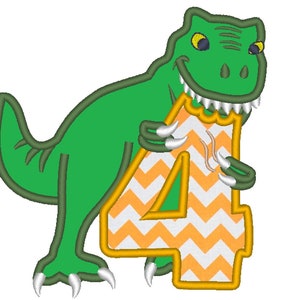 T-rex dinosaur Birthday Number Four 4 Applique Machine Embroidery designs in assorted sizes for hoop 4x4, 5x7, 6x10 kids boy birthday outfit