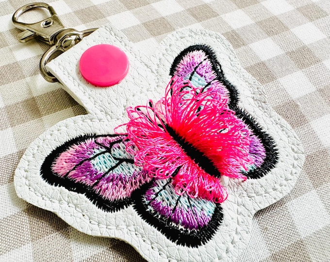 Fringed fluffy Butterfly Eyelet and Key Fob Snap Tab fringe keychain in the hoop ITH machine embroidery designs kids girls summer gift idea