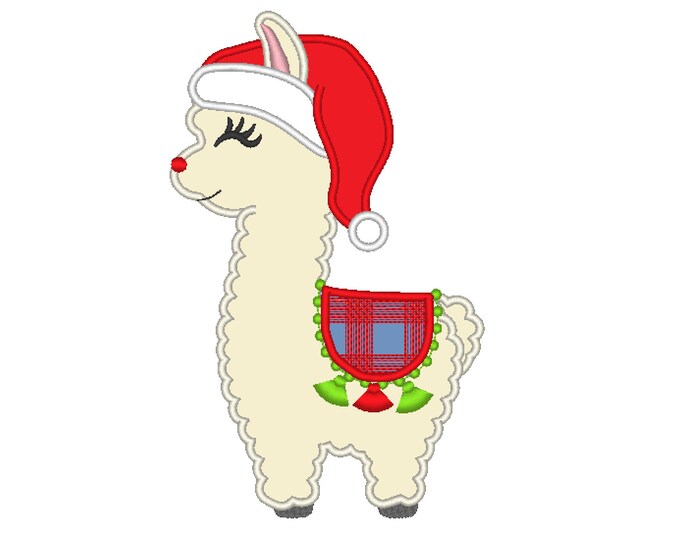Pretty llama applique embroidery Llama or alpaca with plaid blanket and Santa Christmas hat machine embroidery designs Merry Christmas