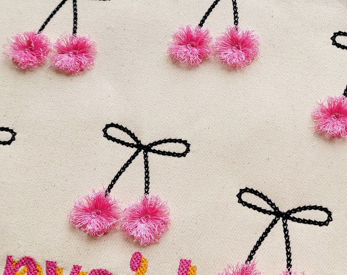 Fringed fluffy Cherry Pom Pom bow machine embroidery designs for hoop 4x4 sizes 1.5, 2, 2.5 and 3 inches awesome fringe fur pink cherry ITH