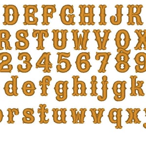 May include: A complete alphabet and number set in a western-style font. The letters and numbers are a golden-brown color with a textured, embroidered appearance. The set includes uppercase and lowercase letters, and numbers 0-9.
