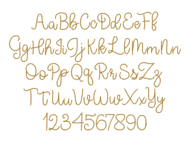 May include: A rope-style font alphabet with uppercase letters, lowercase letters, and numbers 1 through 9. The font is a cursive style with a brown color.