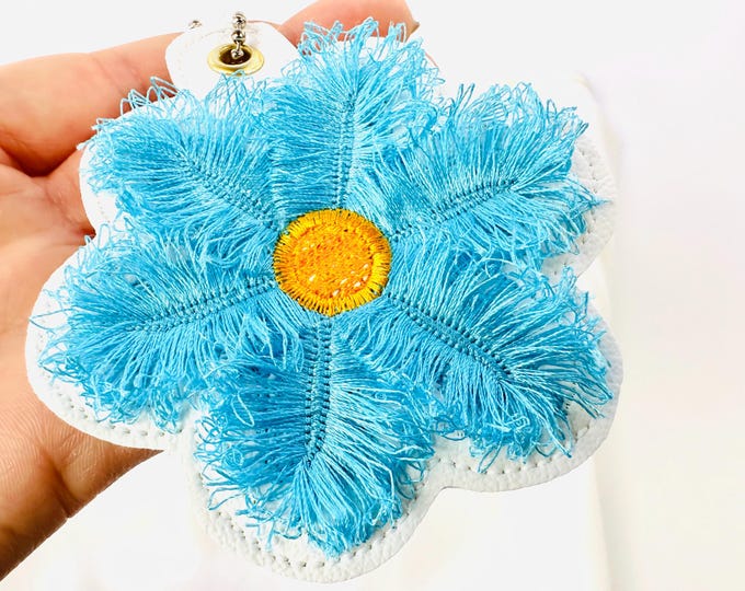 Fringed Fluffy Daisy Flower key fob snap tab and eyelet cute fringe floral kids keychain in the hoop machine embroidery designs ITH project