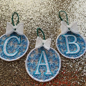 Christmas Alphabet monogram Ornaments and unique hanger bow ribbon FSL free standing lace SET Snowflake machine embroidery designs classic