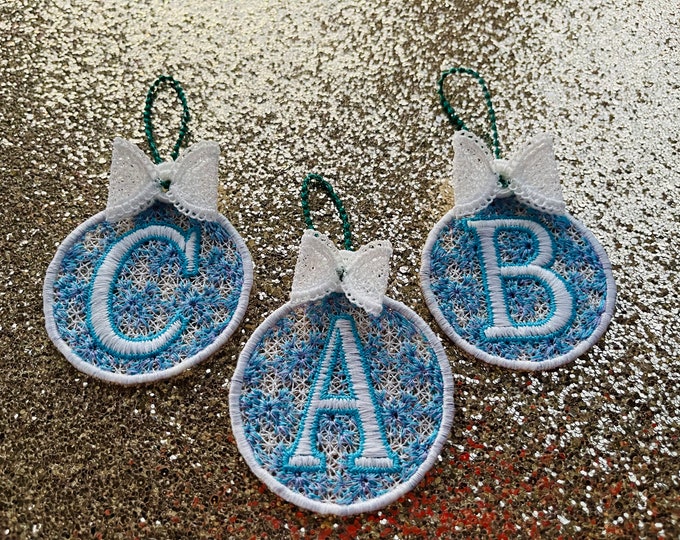 Christmas Alphabet monogram Ornaments and unique hanger bow ribbon FSL free standing lace SET Snowflake machine embroidery designs classic