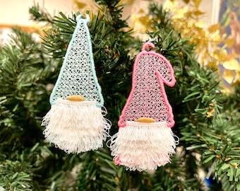 FSL lace ornament Gnome ringed fluffy beard chenille fringe ITH in the hoop machine embroidery designs Merry Christmas