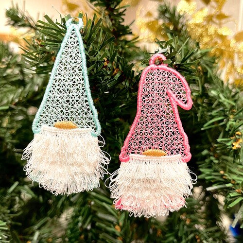 FSL freestanding lace ornament Gnome fringed fluffy beard chenille fringe ITH in the hoop machine embroidery designs Christmas tree ornament