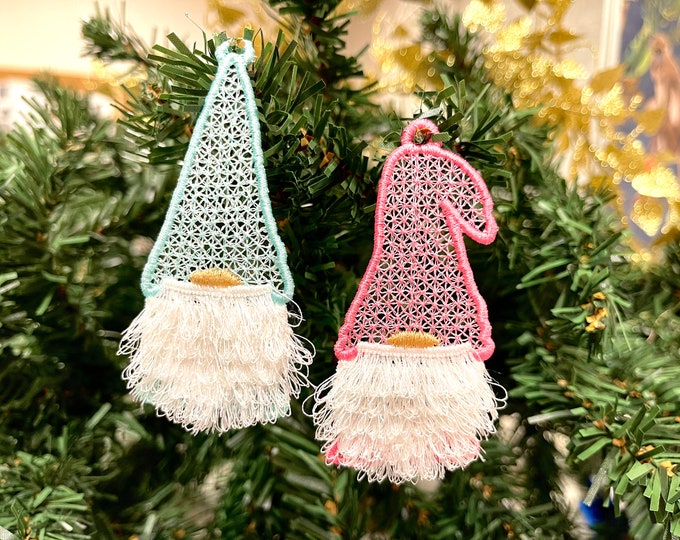 FSL freestanding lace ornament Gnome fringed fluffy beard chenille fringe ITH in the hoop machine embroidery designs Christmas tree ornament