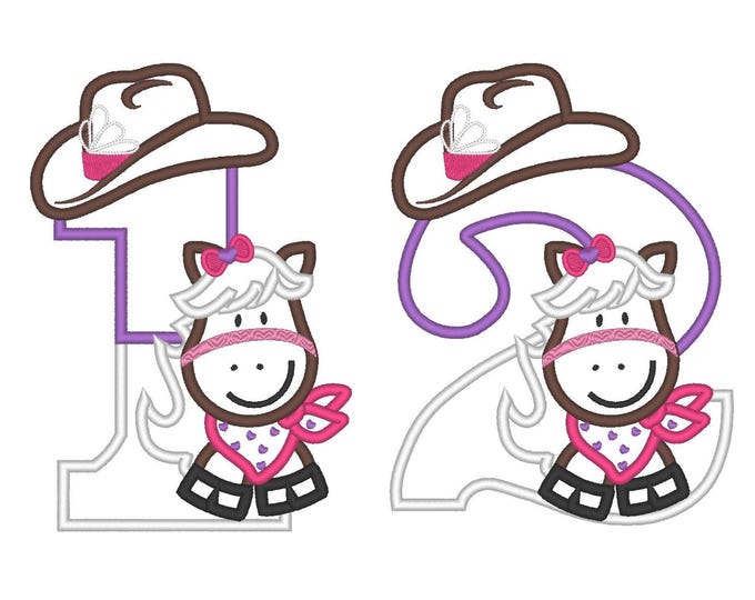 Little Cowgirl Birthday Numbers SET cowboy hat and cute horse kids girls Applique machine embroidery designs sizes for hoop 5x7