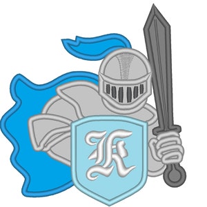 May include: A blue and silver knight holding a sword with a light blue shield with a silver letter 'K' on it.