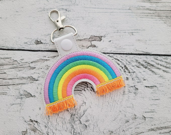 Fringed Rainbow key fob in the hoop machine embroidery designs ITH project keyfob snap tab key tab keychain Awesome Rainbow kids bag tag