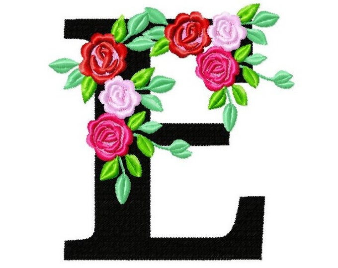 Roses floral Individual letter E garden flag monogram roses crown flowers flower Font machine embroidery design 2, 3, 4, 5, 6, 7, 8 in