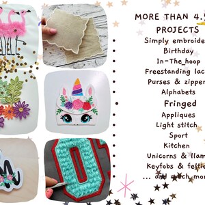 May include: A collage of embroidery designs, including flamingos, a unicorn, a floral arrangement, a letter M, and a large letter O. The text "MORE THAN 4,500 PROJECTS" is displayed with a list of embroidery categories, such as "Simply embroidery", "Birthday", "In-The-hoop", "Freestanding laces", "Purses & zippers", "Alphabets", "Fringed", "Appliques", "Light stitch", "Sport", "Kitchen", "Unicorns & llamas", "Keyfobs & felties", and "...and much more".