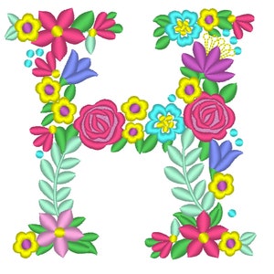 Floral letter H garden flag monogram liberty fashioned flowers flower Font machine embroidery designs monogram H only 4, 5, 6 and 8 in