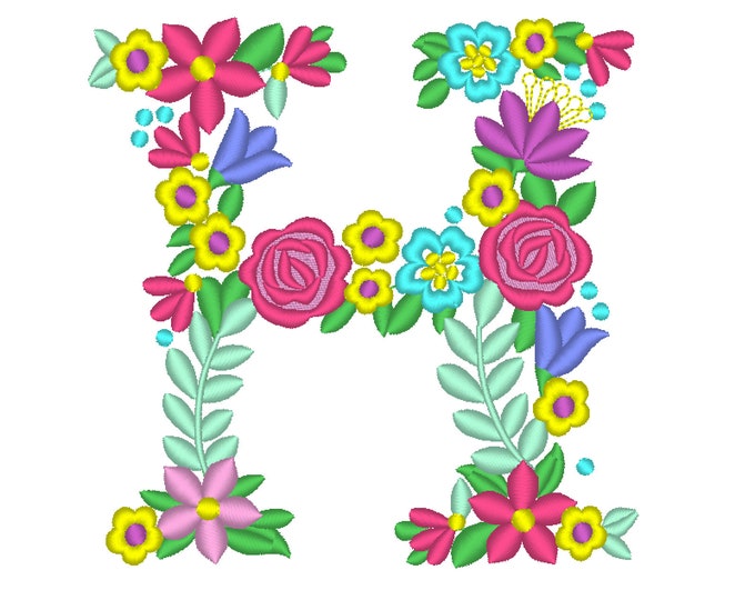 Floral letter H garden flag monogram liberty fashioned flowers flower Font machine embroidery designs monogram H only 4, 5, 6 and 8 in