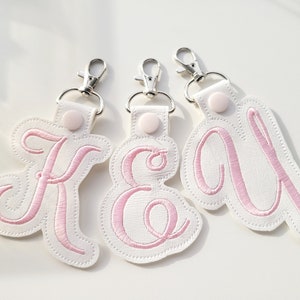 Key fob snap tab Monogram script initial letters from A up to Z in the hoop ITH keyfob bag tag keychain machine embroidery designs hoop 4x4