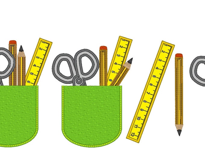 Cute real Teacher's pocket with Teacher's tools and tools as single files, machine embroidery applique design In-the-Hoop INSTANT DOWNLOAD