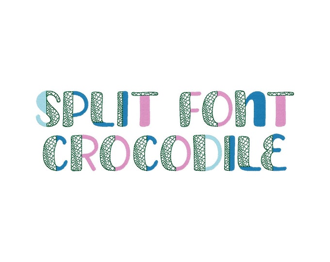 Split Font Crocodile print and fill stitch Duo font 2 colors alphabet uppercase and numbers machine embroidery designs 1 up to 3 inches, BX