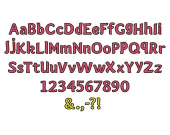 Block bold fill stitch and solid outline kids font alphabet letters machine embroidery designs in assorted sizes and formats, BX included