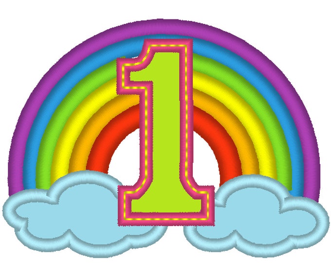 Cute Rainbow Birthday Number 1 ONE only machine embroidery applique designs, sizes NEW 4 inches 5, 6 and 7 inches