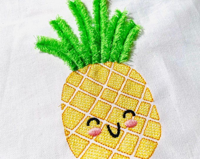 Cute little Pineapple fringed leaves machine embroidery design chenille fluffy Pineapple fruit smiling baby kids fringe ITH in the hoop