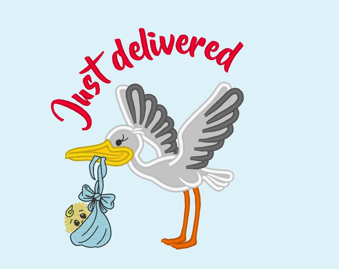 Just delivered newborn baby born machine embroidery designs for hoop 4x4, 5x7 Stork baby boy, Stork baby girl, flying stork baby delivery