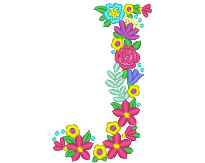 Floral letter J garden flag monogram liberty fashioned flowers flower Font machine embroidery designs monogram J only 4, 5, 6 and 8 in