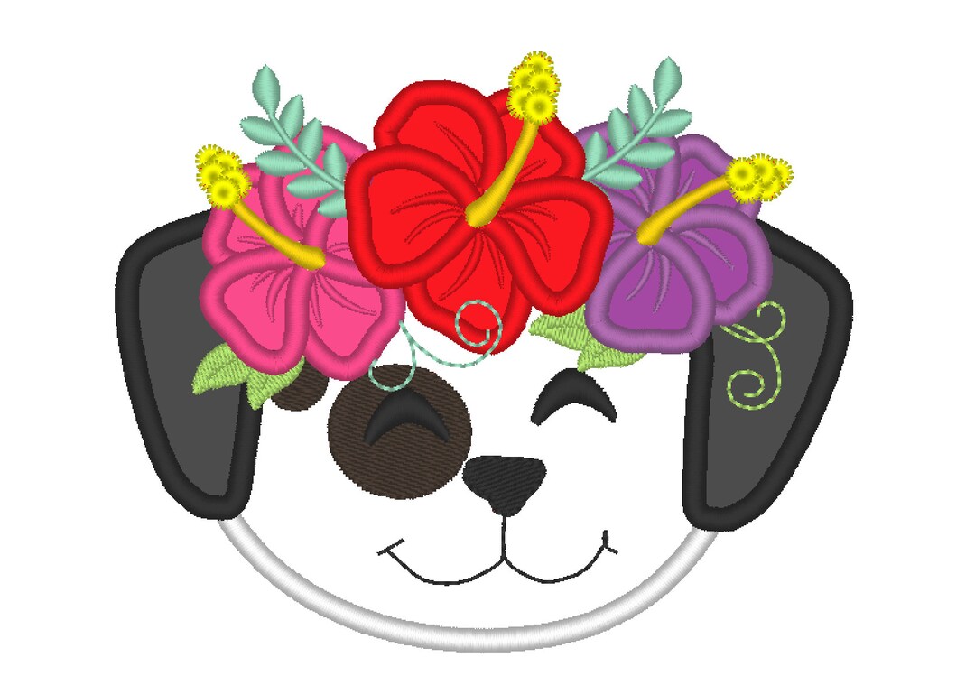 Puppy Face With Summer Hibiscus Flowers Applique Machine Embroidery
