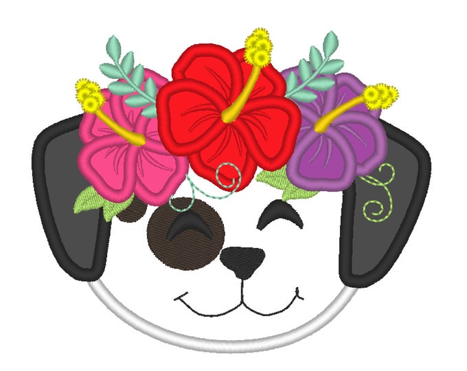 Puppy face with summer hibiscus flowers applique machine embroidery designs dalmatian dog puppy floral crown embroidery INSTANT DOWNLOAD