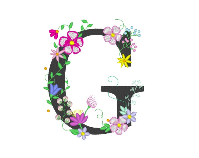 Floral letter G garden flag monogram lace swirl flowers block font and mini Font machine embroidery design monogram G only 4, 5, 6 and 8 in