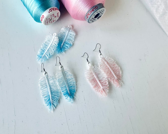Delicate Feather earrings fuzzy feather freestanding lace FSL machine embroidery designs dream catcher feather bookmark charm 1.5, 2, 2.5in