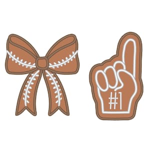 Puede incluir: Un lazo marrón con costuras blancas y un dedo de espuma marrón con costuras blancas y el número "#1" en él.