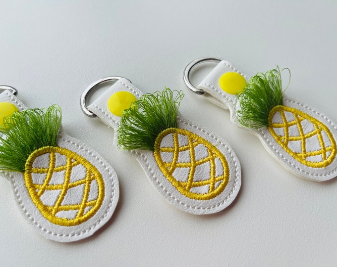 Fringed Pineapple keychain key fob snap tab in the hoop machine embroidery designs fringe ITH project Awesome fruit kids backpack gift tag