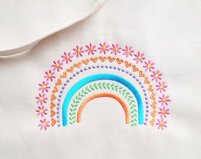 Boho daisy rainbow, floral patterned Rainbow machine embroidery designs assorted sizes leaf flower heart pearl delicate girly rainbow design