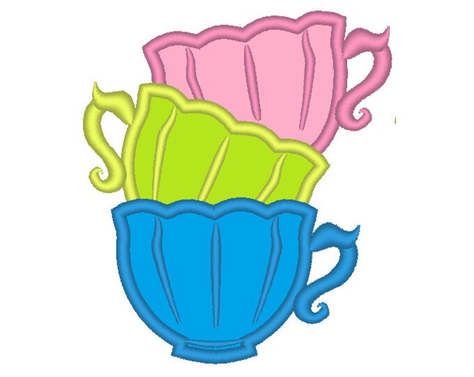 3  tea cups, curved Stack of teacups - machine embroidery applique designs