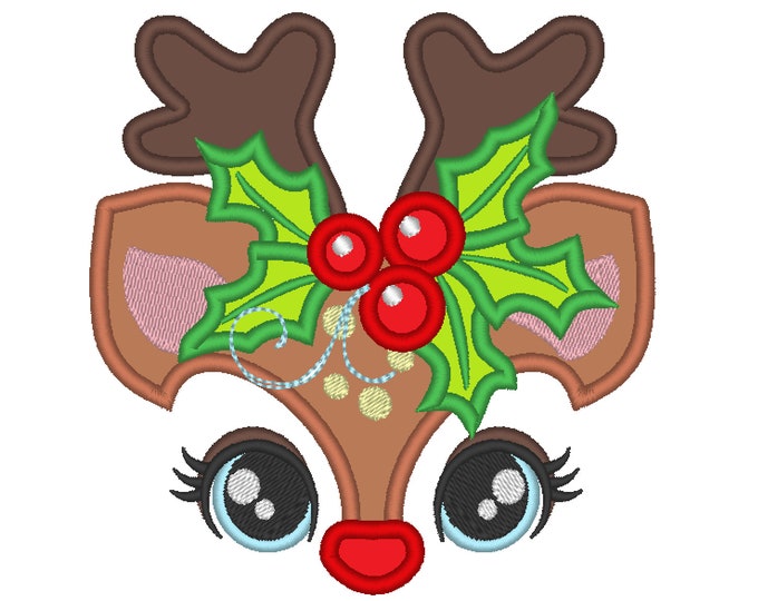 Cute Reindeer Holly leaves crown Machine Embroidery Applique Design Christmas Deer head with floral crown Merry Christmas