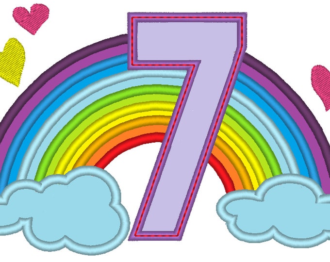 Cute Rainbow Birthday Number 7 SEVEN only machine embroidery applique designs, sizes 5, 6and 7 inches INSTANT DOWNLOAD