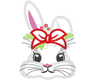 Bandanna Heifer Summer bunny head with  flowers Bandana applique machine embroidery designs Summertime Easter bunny