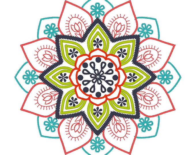 Mehndi circle ornament Mandala machine embroidery designs assorted sizes 4 up to 8 inches colorful mandala flower for Yoga lovers