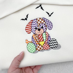 Halloween Patchwork Spooky Puppy en Vleermuis geweldig patroon Hondenknuffel omtrek voor kinderen en baby's machineborduurontwerpen maten 4 tot 8,5 inch
