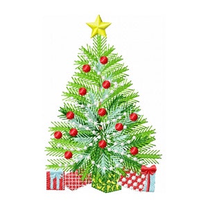 May include: A green Christmas tree with red ornaments and white snow. The tree has a yellow star on top and is decorated with white lights. There are three red and white wrapped presents at the base of the tree.