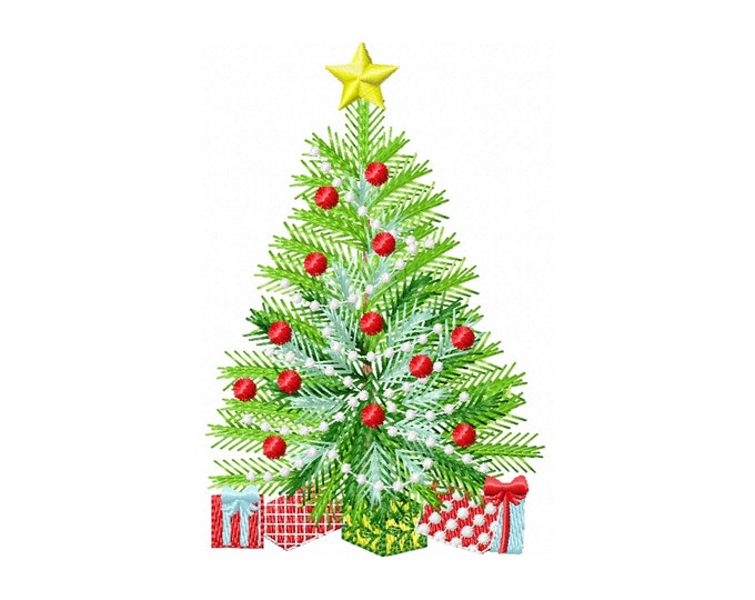 Vintage old fashioned Christmas tree in light stitch with Christmas lights and gifts machine embroidery designs in sizes 5, 6, 7 inches