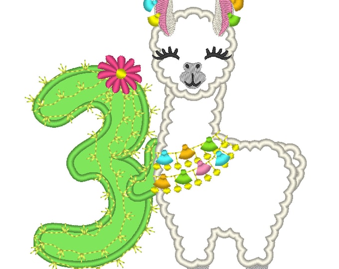 Number 3 Third birthday Llama alpaca with cactus number THREE Applique Design lama machine embroidery designs 5, 6, 7 and 8 inches