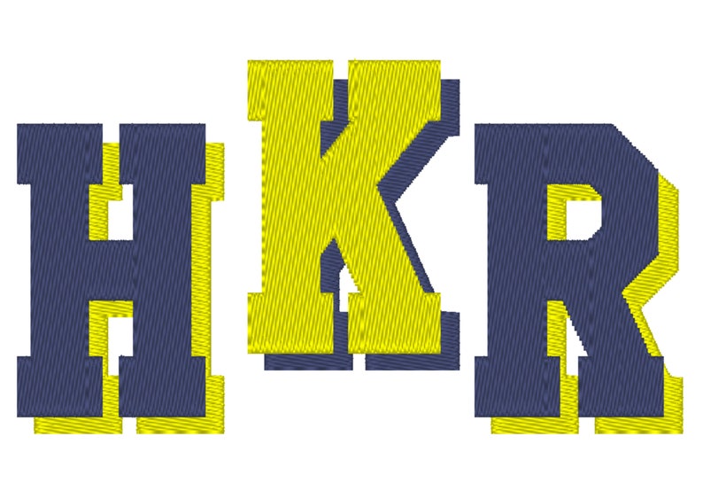 May include: A navy blue and yellow embroidered design of the letters "HKR".